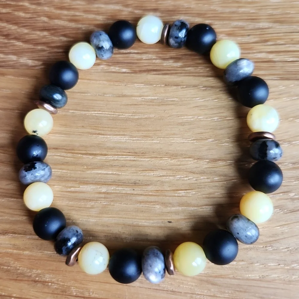 Yellow Opal, Black Onyx & Gray Larvikite Beads Stretch Bracelet, Hand Crafted - Picture 4 of 11